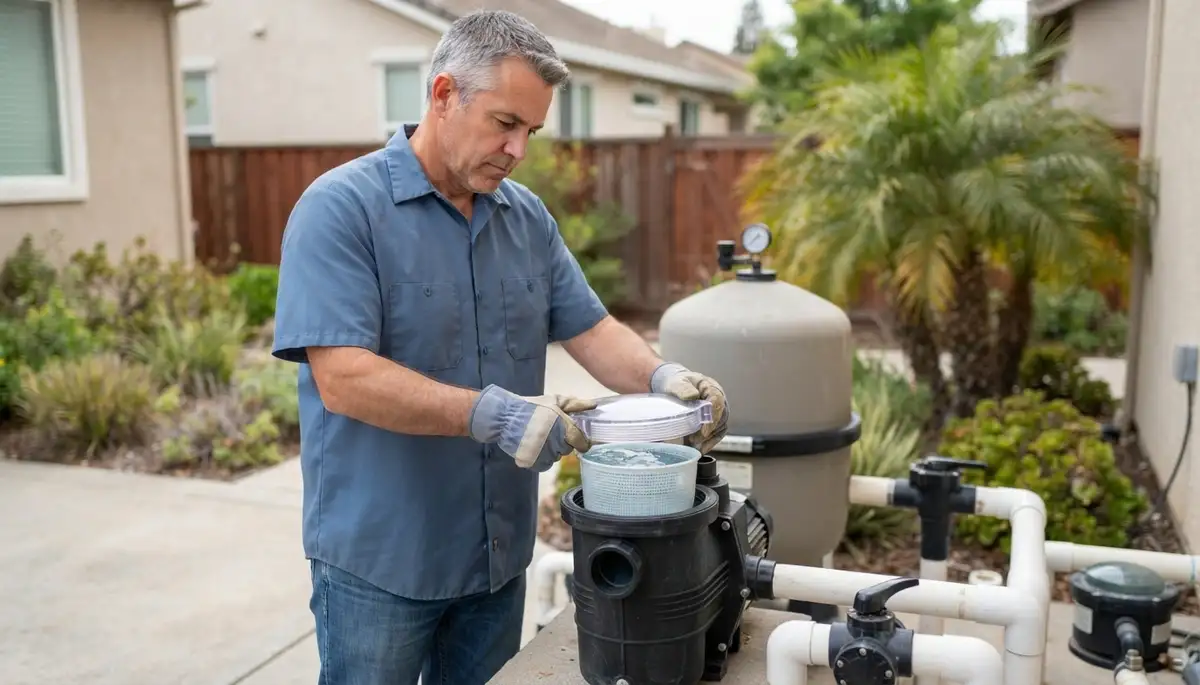 Technician verifies pool pump water flow at a Santa Rosa, CA equipment pad after priming the strainer basket