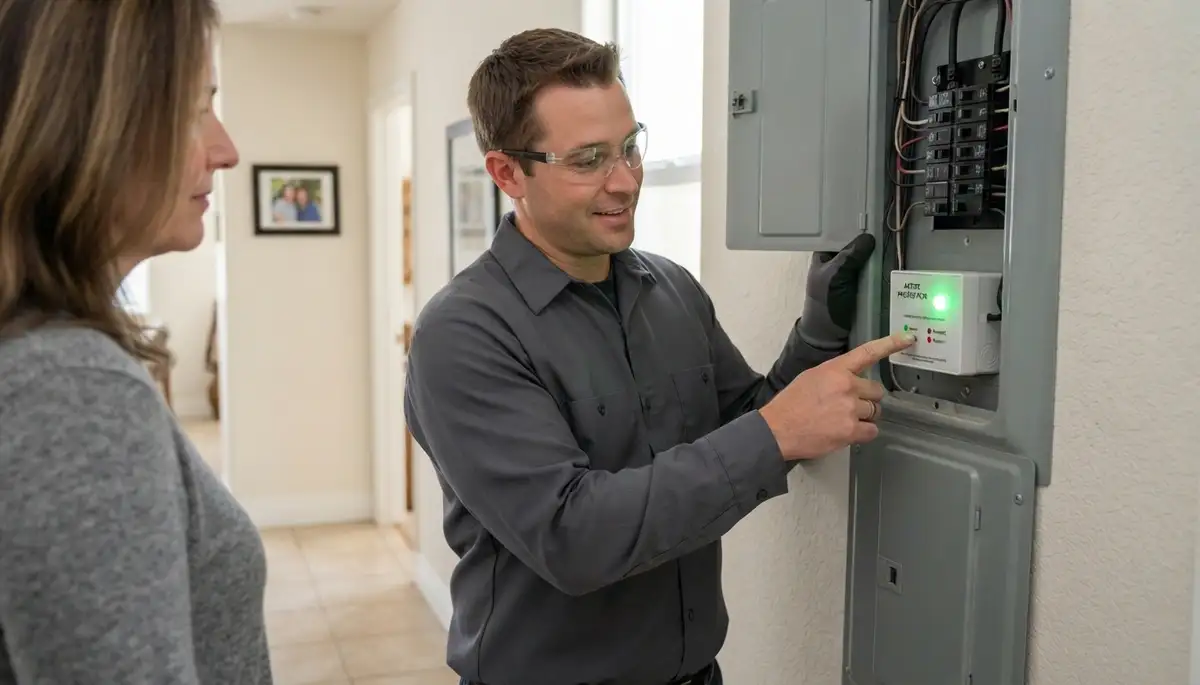 Santa Rosa, CA electrician verifies whole-home surge protector status light with homeowner