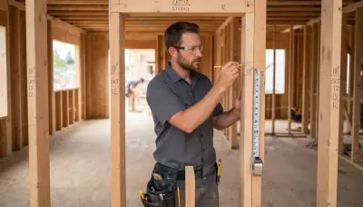 Electrician marking outlet heights and circuit runs during new construction rough-in in Santa Rosa, CA