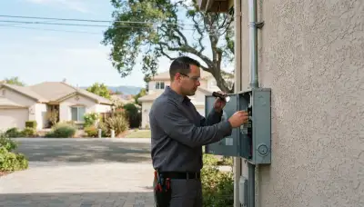 Electrician inspecting a residential service entrance, meter base, and weatherhead in Santa Rosa, CA