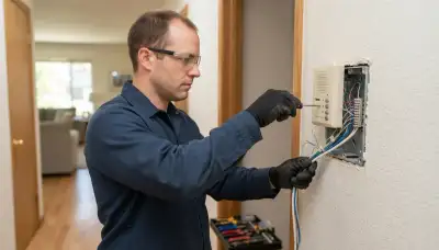 Electrician installing an intercom station and terminating control wires in a Santa Rosa, CA home