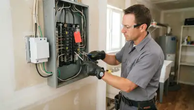 Electrician mounts a whole-home surge protective device at an electrical panel in Santa Rosa, CA