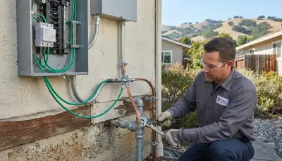 Electrician installing lightning surge protection and bonding jumpers at a Santa Rosa, CA home