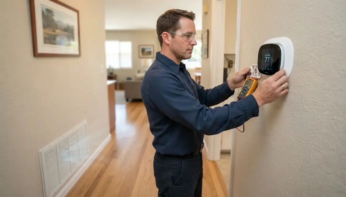 Electrician testing a newly installed thermostat’s heating and cooling cycles in Santa Rosa, CA