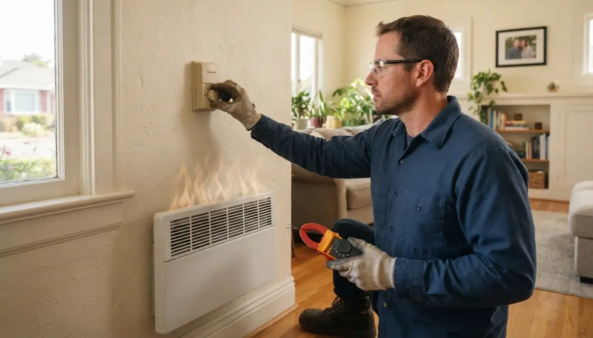Electrician adjusts an electric heater thermostat during output testing in Santa Rosa, CA
