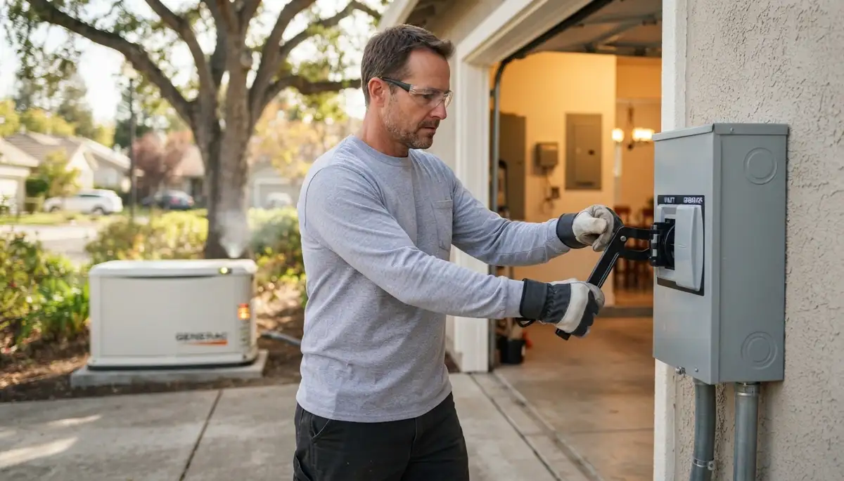 Electrician tests a generator transfer switch while backup power runs in a Santa Rosa, CA home