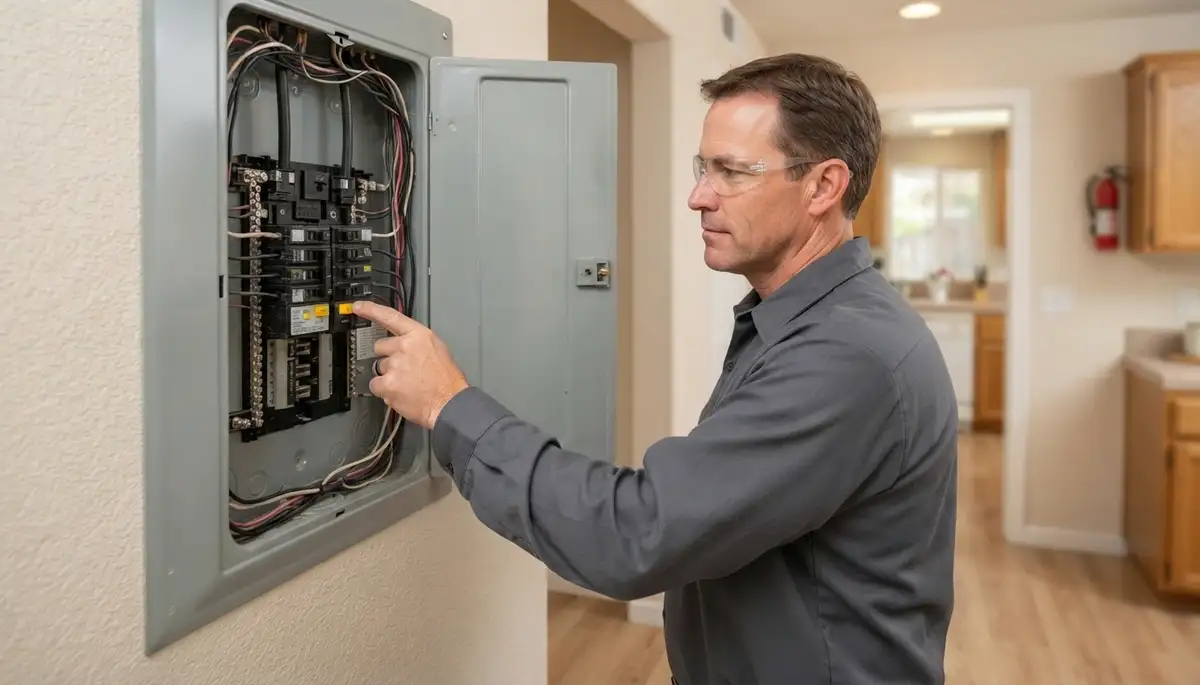 Santa Rosa, CA electrician pressing a GFCI breaker test button to verify ground-fault protection