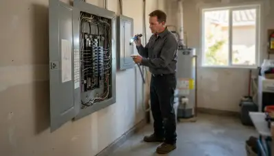 Electrician conducting a whole-home electrical inspection in Calistoga, CA, checking wiring and breaker connections.