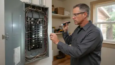 Electrician conducting a whole-home electrical inspection in a Guerneville, CA home