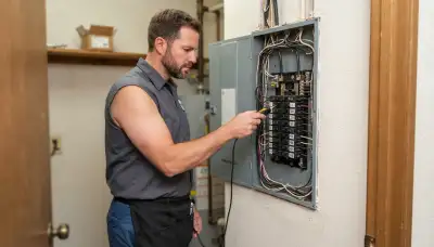 Licensed electrician inspecting a residential electrical panel with a voltage tester in Santa Rosa, CA
