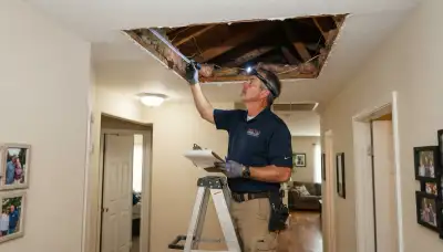 Technician measures ceiling joists for whole-house fan installation in Santa Rosa, CA