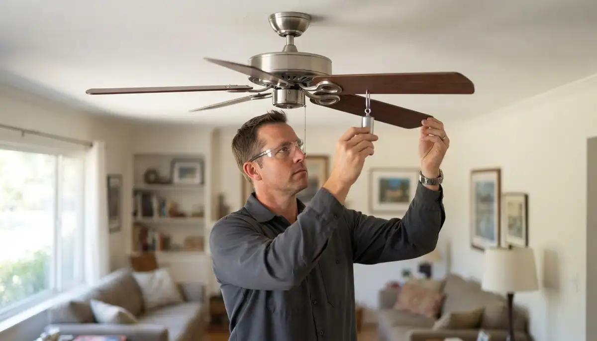 Electrician balances a ceiling fan blade during repair in a Santa Rosa, CA living room
